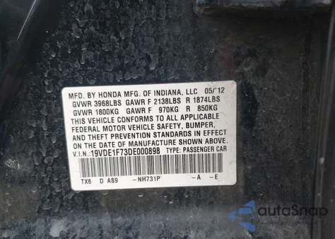 2013 Acura Ilx 2.0L z USA, uszkodzony, nr VIN 19VDE1F73DE000898